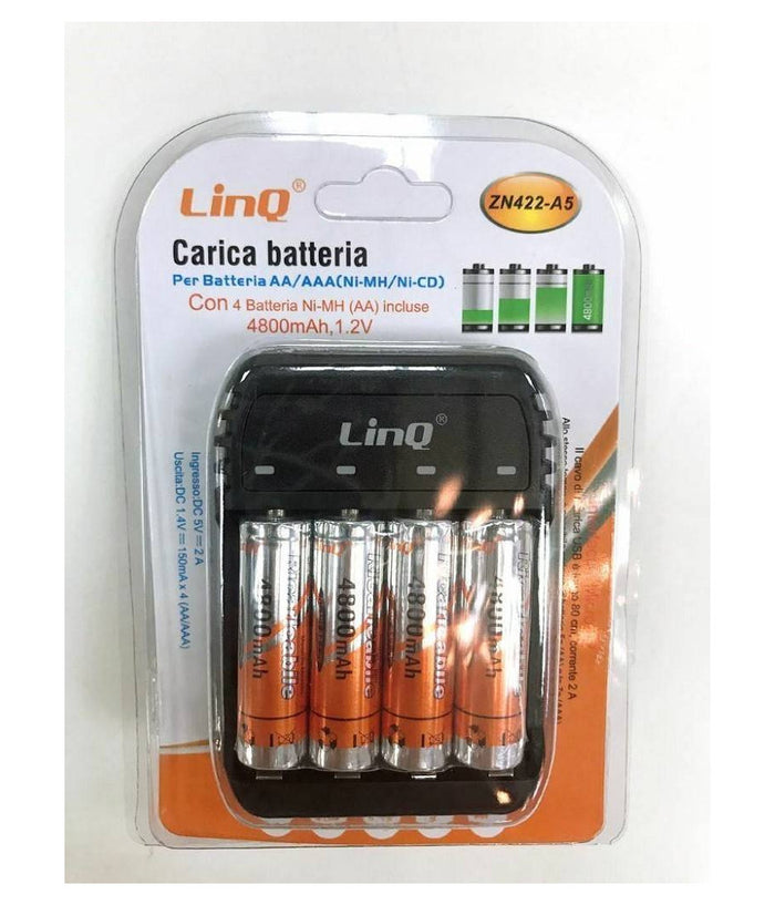 Carica Batterie Pile Aa Aaa 4 Slot Zn422-a5 + 4 Pile Stilo 4800mha Ricaricabili         