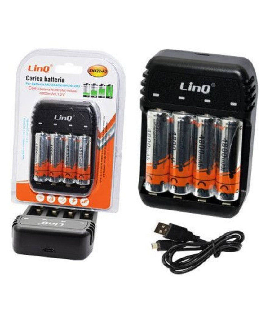 Carica Batterie Pile Aa Aaa 4 Slot Zn422-a5 + 4 Pile Stilo 4800mha Ricaricabili         
