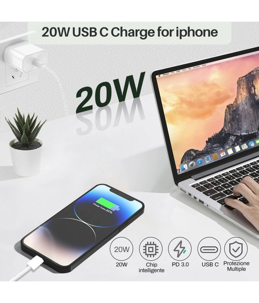 Carica Batterie Rapido Usb Type C Da 20w Caricatore Smartphone Tablet Spina 220v         
