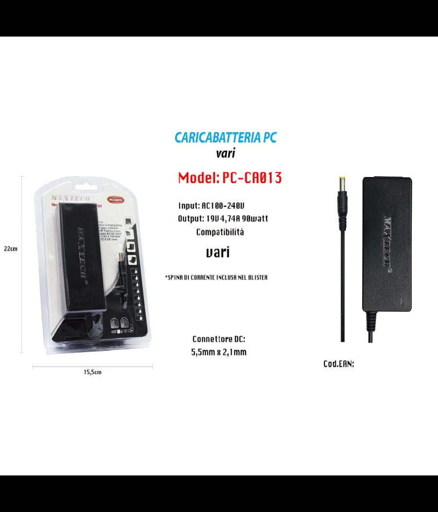 Caricabatteria Alimentatore Pc Notebook 19v 90w Batteria Ricambio Maxtech Pc-ca013         