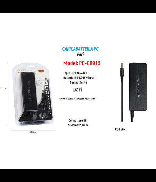 Caricabatteria Alimentatore Pc Notebook 19v 90w Batteria Ricambio Maxtech Pc-ca013         