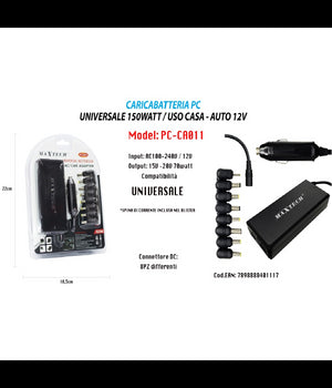 Caricabatteria Alimentatore Universale Notebook Pc 150w Auto/casa Maxtech Pc-ca011         