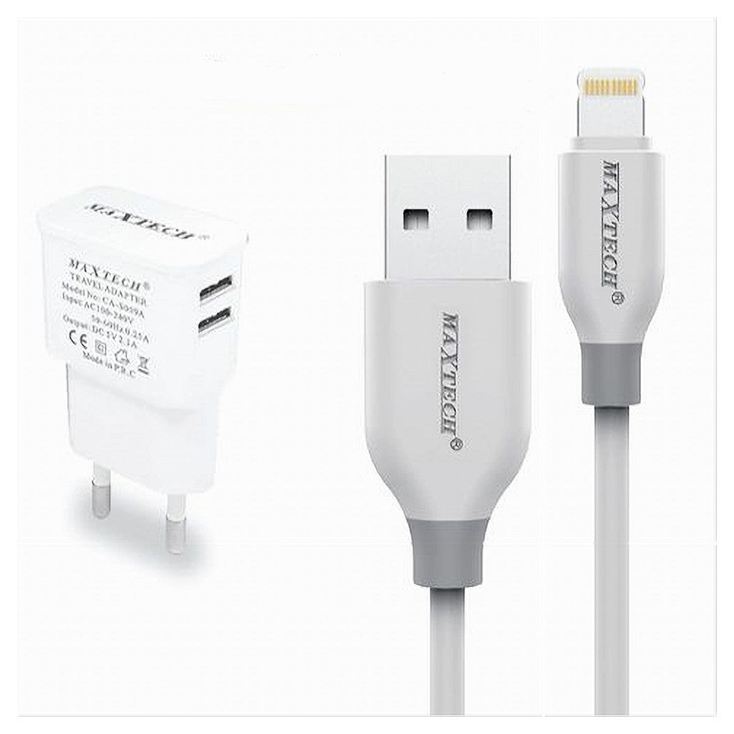 Caricabatteria Caricatore 2 Porte Usb 2.1a + Cavo Lightning 1 Mt Maxtech Ca-s038         
