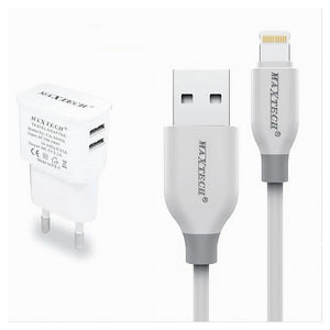 Caricabatteria Caricatore 2 Porte Usb 2.1a + Cavo Lightning 1 Mt Maxtech Ca-s038         