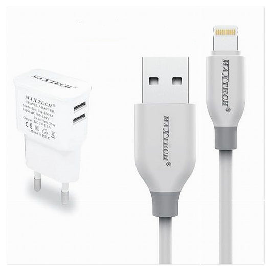 Caricabatteria Caricatore 2 Porte Usb 2.1a + Cavo Lightning 1 Mt Maxtech Ca-s038         