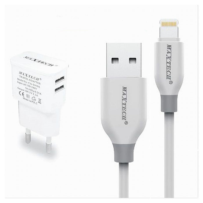 Caricabatteria Caricatore 2 Porte Usb 2.1a + Cavo Lightning 1 Mt Maxtech Ca-s038         