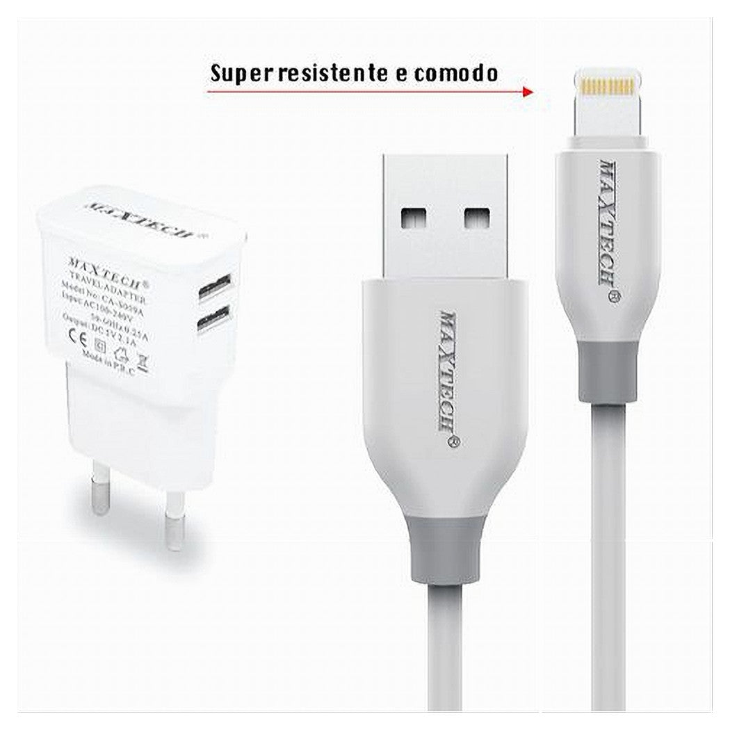 Caricabatteria Caricatore 2 Porte Usb 2.1a + Cavo Lightning 1 Mt Maxtech Ca-s038         