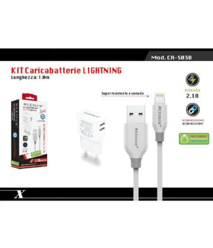 Caricabatteria Caricatore 2 Porte Usb 2.1a + Cavo Lightning 1 Mt Maxtech Ca-s038         