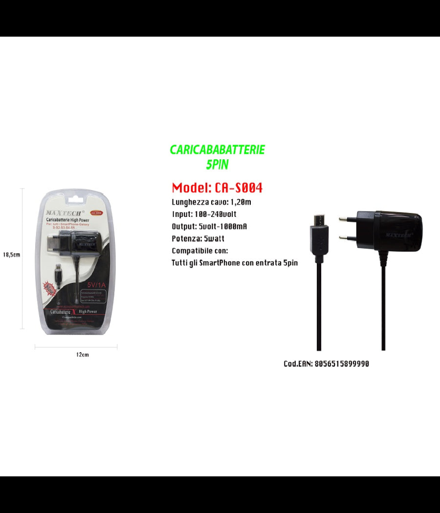 Caricabatteria Da Rete Fissa Con Attacco Micro Usb 5pin 5v-1000mah Maxtech Ca-s004         