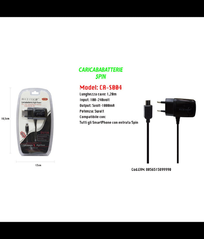 Caricabatteria Da Rete Fissa Con Attacco Micro Usb 5pin 5v-1000mah Maxtech Ca-s004         