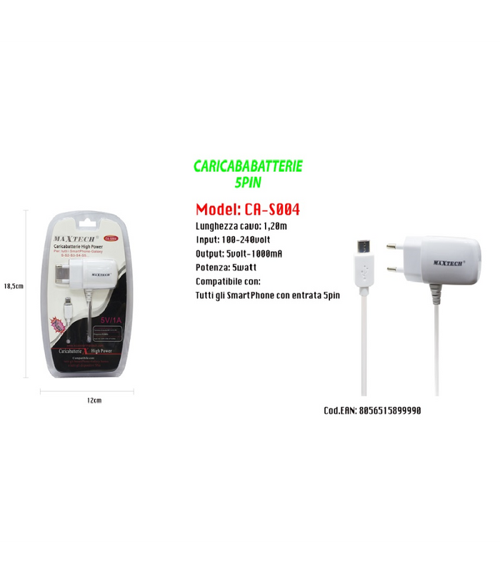 Caricabatteria Da Rete Fissa Con Attacco Micro Usb 5pin 5v-1000mah Maxtech Ca-s004         
