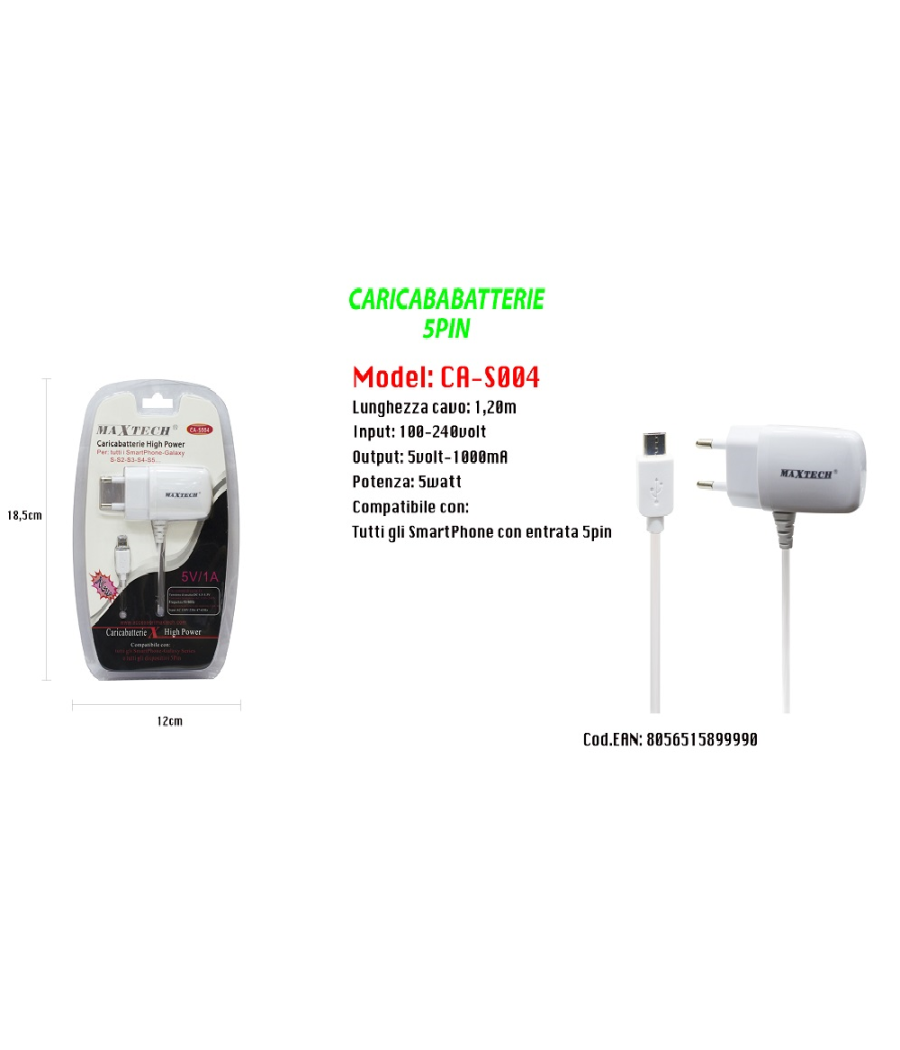 Caricabatteria Da Rete Fissa Con Attacco Micro Usb 5pin 5v-1000mah Maxtech Ca-s004         