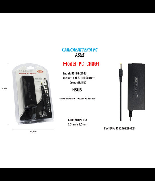 Caricabatteria Notebook Pc Alimentatore Per Asus 19v 3,16a 60w Maxtech Pc-ca004         