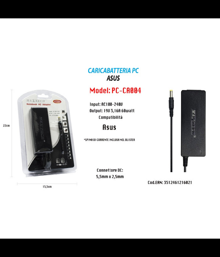 Caricabatteria Notebook Pc Alimentatore Per Asus 19v 3,16a 60w Maxtech Pc-ca004         