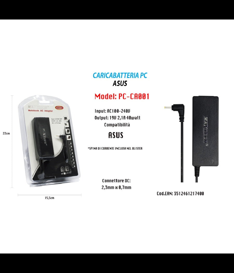 Caricabatteria Pc Asus Alimentatore Batteria Di Ricambio 19v 2,1a 40w Maxtech Pc-ca001         