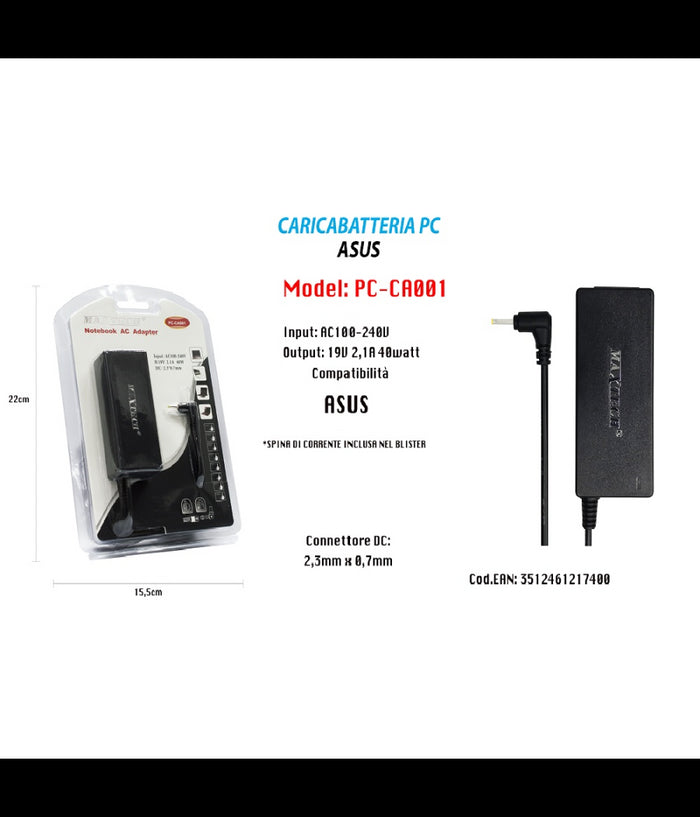 Caricabatteria Pc Asus Alimentatore Batteria Di Ricambio 19v 2,1a 40w Maxtech Pc-ca001         