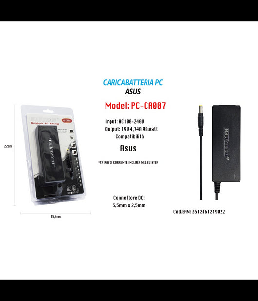 Caricabatteria Pc Asus Alimentatore Batteria Ricambio 19v 4.74a 90w Maxtech Pc-ca007         