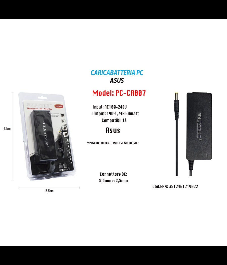 Caricabatteria Pc Asus Alimentatore Batteria Ricambio 19v 4.74a 90w Maxtech Pc-ca007         