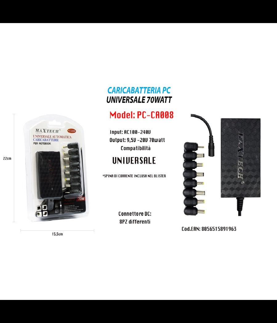 Caricabatteria Pc Universale 70w Notebook Pc Adattatore 9,5v-20v Maxtech Pc-ca008         