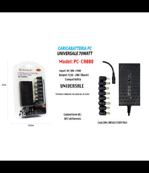 Caricabatteria Pc Universale 70w Notebook Pc Adattatore 9,5v-20v Maxtech Pc-ca008         