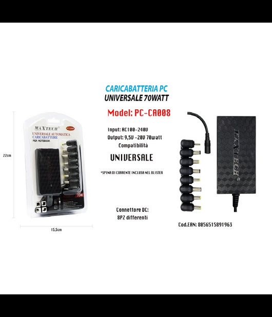 Caricabatteria Pc Universale 70w Notebook Pc Adattatore 9,5v-20v Maxtech Pc-ca008         