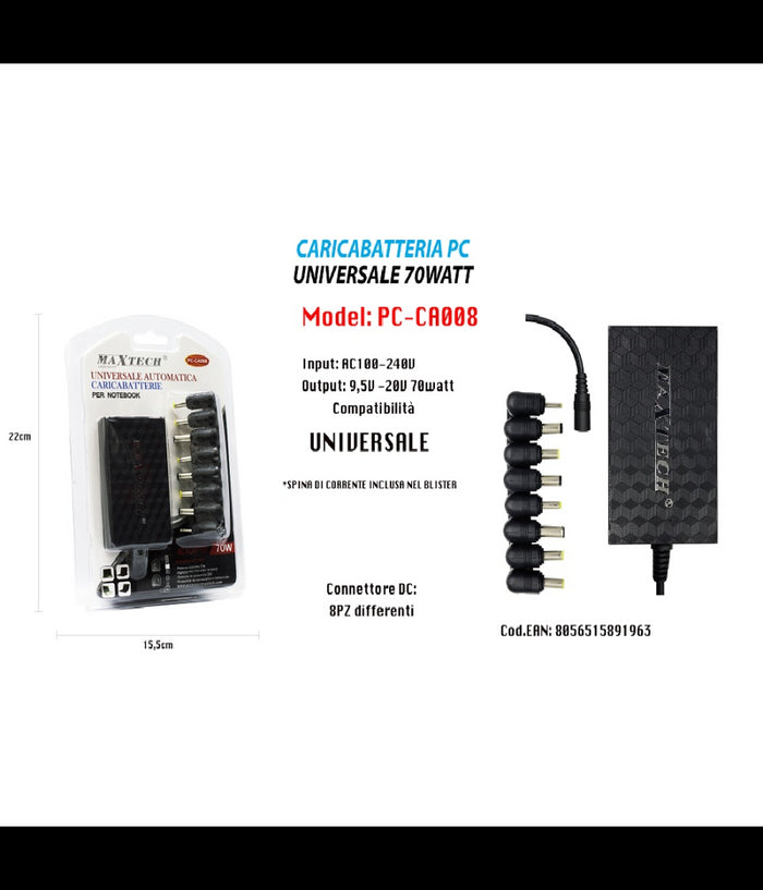 Caricabatteria Pc Universale 70w Notebook Pc Adattatore 9,5v-20v Maxtech Pc-ca008         