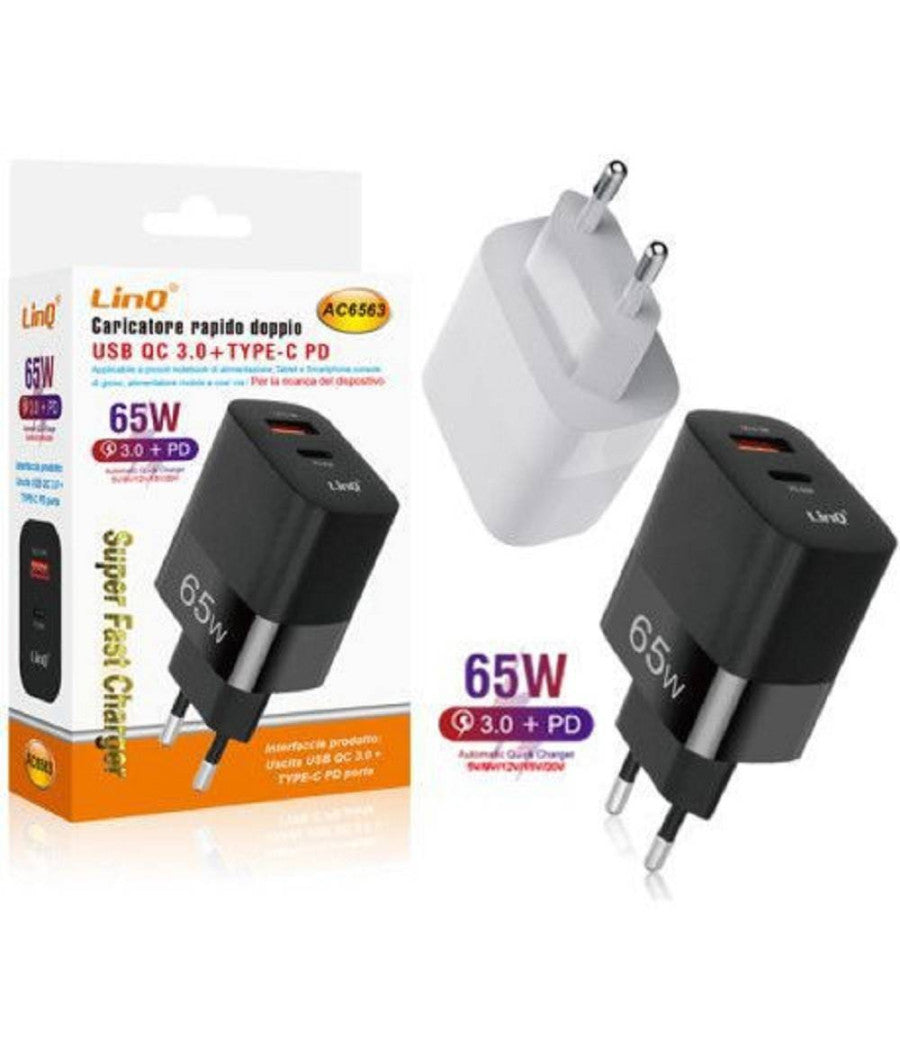 Caricabatteria Rapido Doppio 65w Usb Quick Charge 3.0 + Type-c Power Delivery Ac6563         