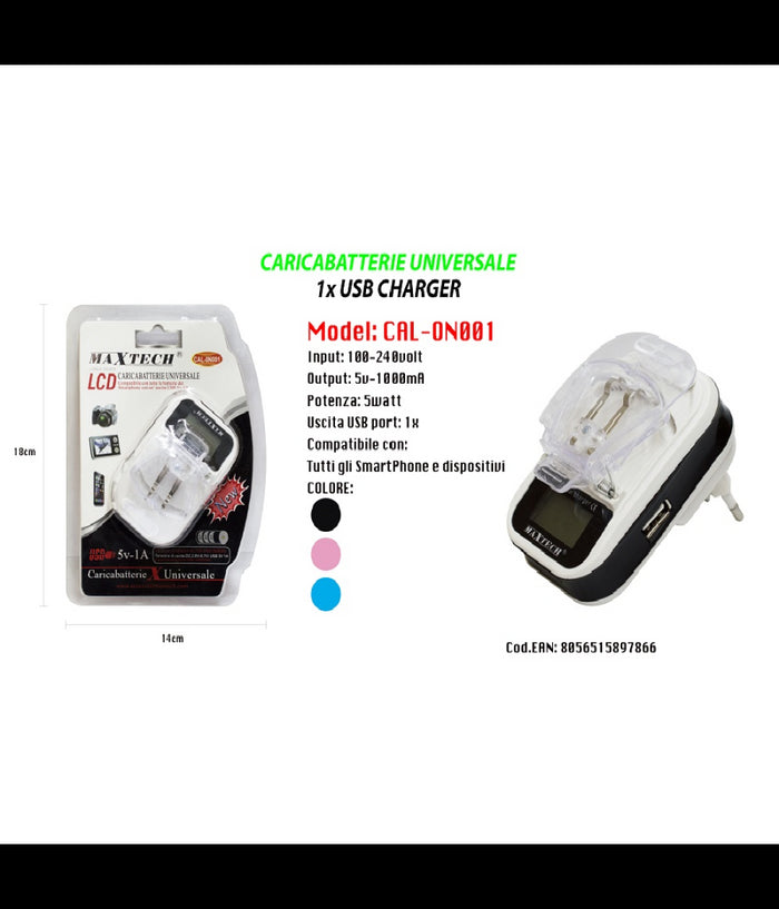 Caricabatteria Universale Caricatore Lcd Usb Per Cellulare Fotocamera Maxtech Cal-on001         