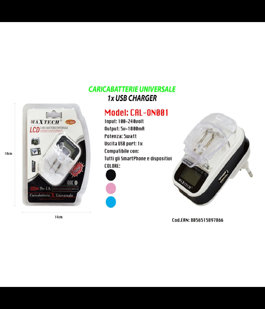 Caricabatteria Universale Caricatore Lcd Usb Per Cellulare Fotocamera Maxtech Cal-on001         