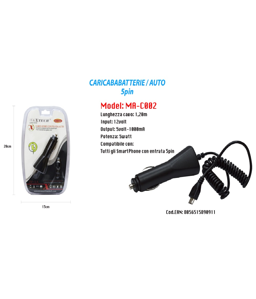 Caricabatteria Usb Caricatore Cavo 1,20m Da Auto Ricarica Smartphone 5v-1000ma Maxtech Ma-c002         