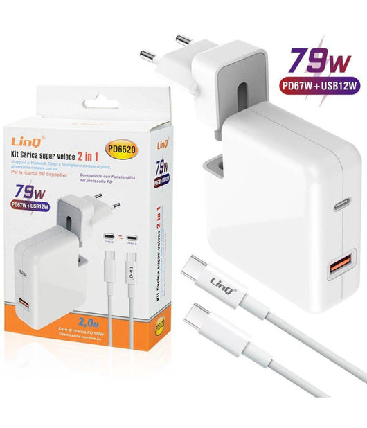 Caricabatterie 2in1 Pd67w + Usb12w Type-c Notebook Smartphone Super Veloce Pd6520         