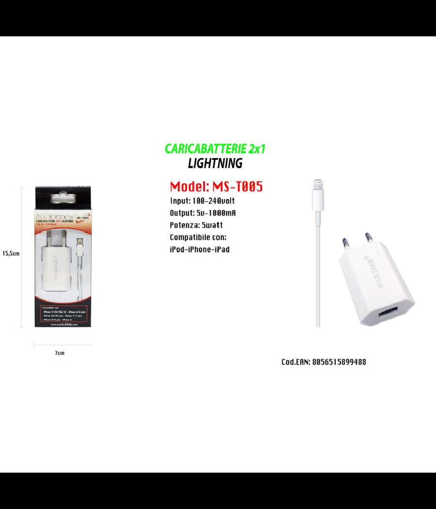 Caricabatterie 2x1 Lightning Maxtech Con Adattatore Per Iphone 5v-1500ma 1mt Ms-t005         