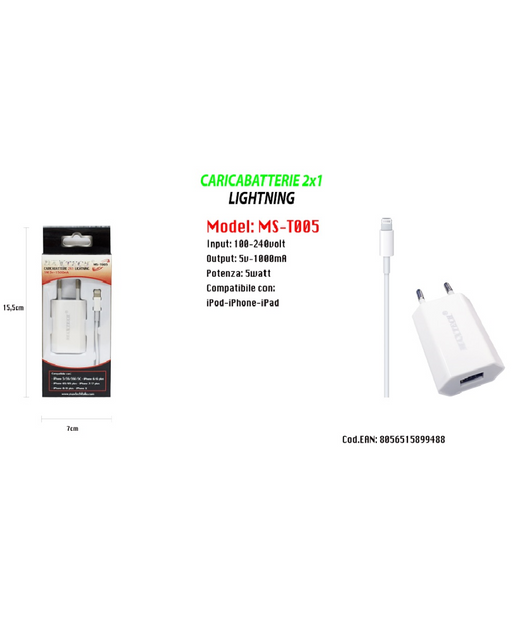Caricabatterie 2x1 Lightning Maxtech Con Adattatore Per Iphone 5v-1500ma 1mt Ms-t005         