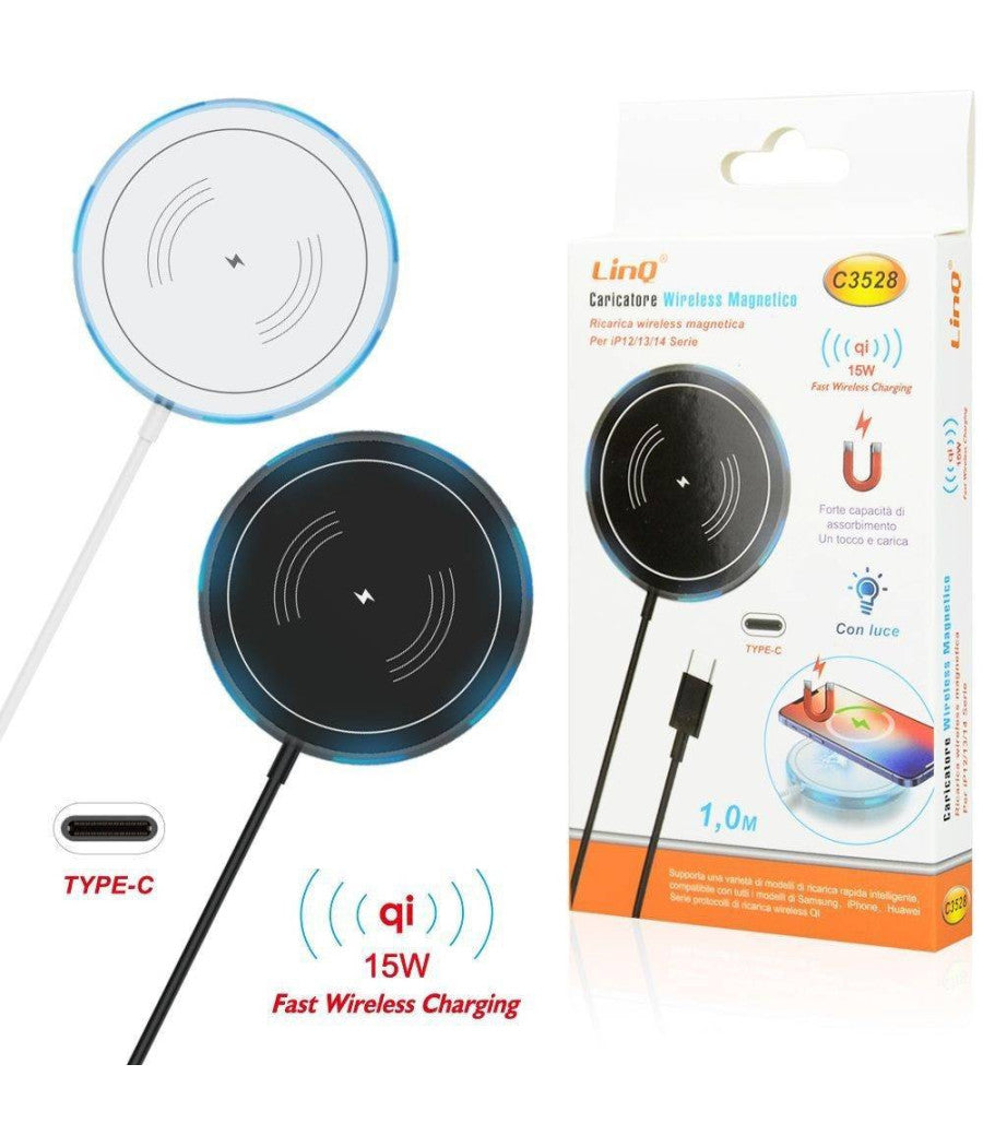 Caricabatterie Ad Induzione Wireless Magnetico 15w Qi Smartphone Con Luce C3528         