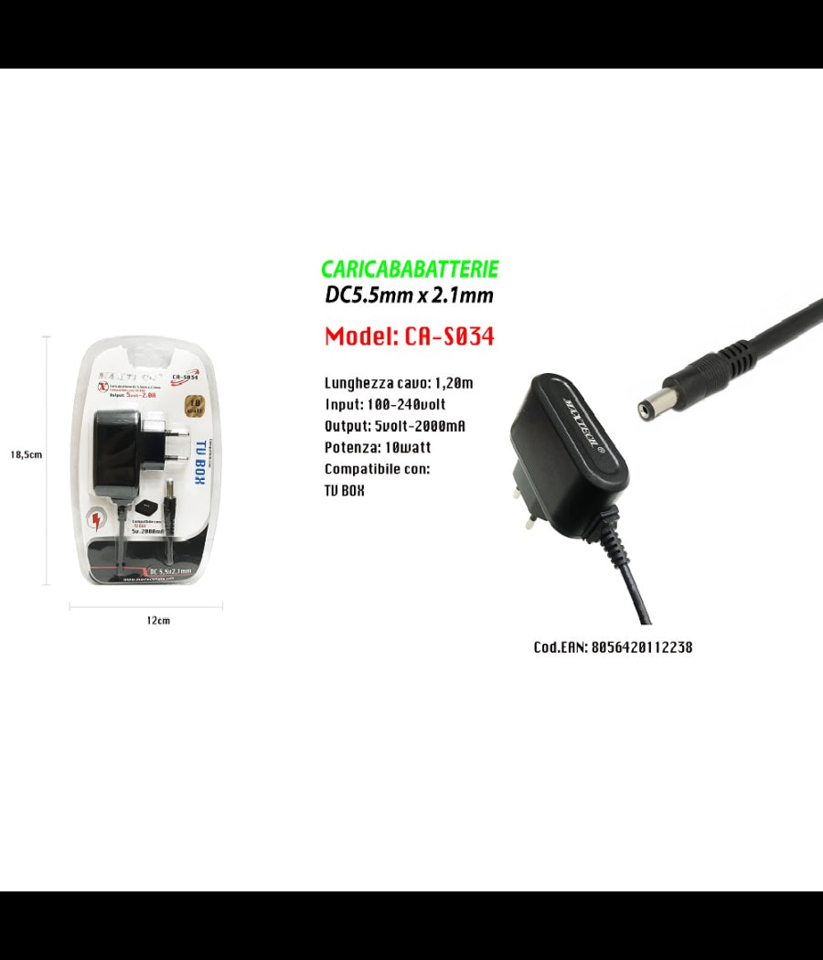 Caricabatterie Alimentatore 5v 2000ma Compatibile Con Tv Box 10w Maxtech Ca-s034         