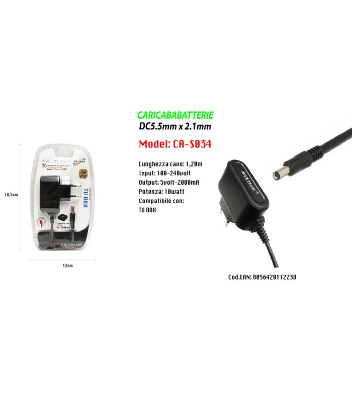 Caricabatterie Alimentatore 5v 2000ma Compatibile Con Tv Box 10w Maxtech Ca-s034         