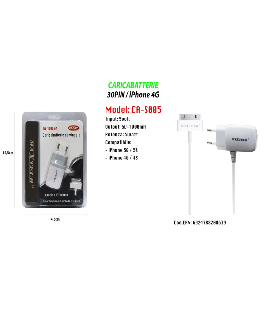 Caricabatterie Da Viaggio Casa 30pin Iphone 3g/3s/4g/4s 5volt-1000ma Maxtech Ca-s005         