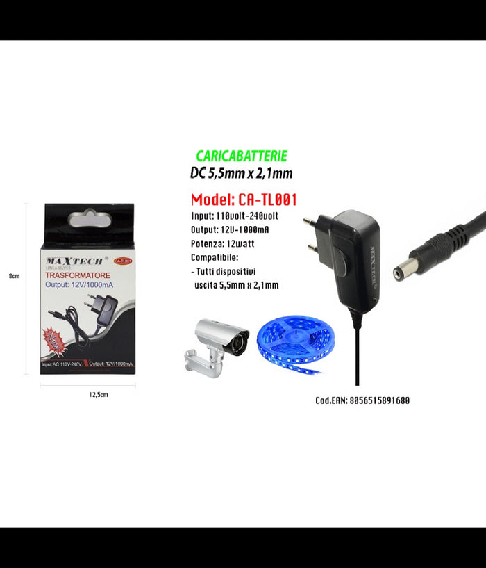 Caricabatterie Dc 5,5mm X 2,1mm Trasformatore Output 12v/1000ma Maxtech Ca-tl001         