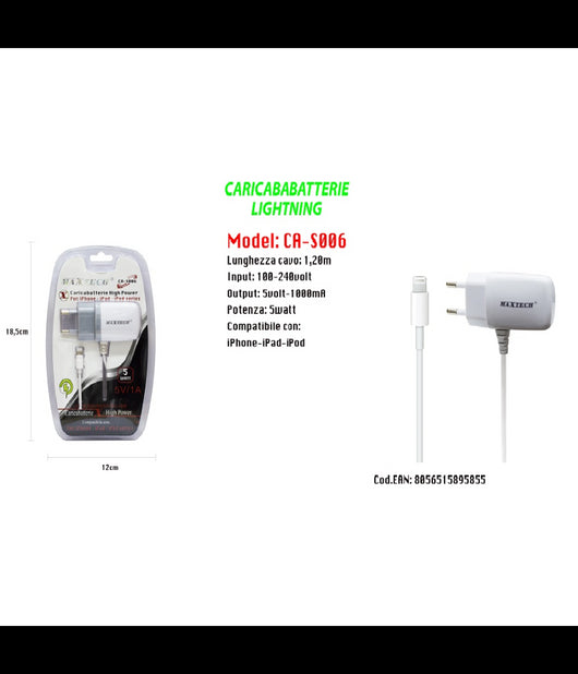 Caricabatterie High Power Lightning Per Iphone - Ipad - Ipod Series Maxtech Ca-s006         