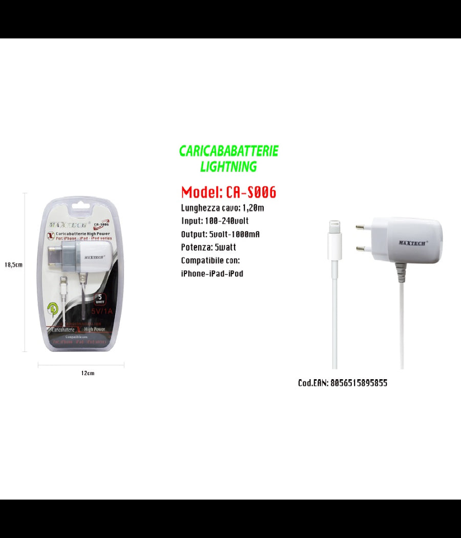 Caricabatterie High Power Lightning Per Iphone - Ipad - Ipod Series Maxtech Ca-s006         