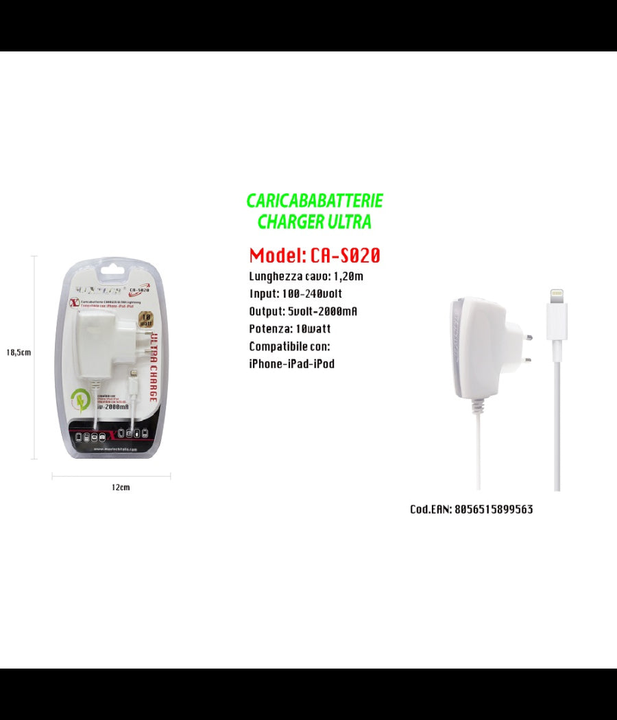 Caricabatterie Maxtech Charger Ultra Lightning Per Iphone Ipad Ipod 5v-2000ma 10w Ca-s020         