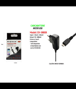 Caricabatterie Micro Usb Da Viaggio Spina 5pin 5v-1000ma 5watt Maxtech Ca-s008a         