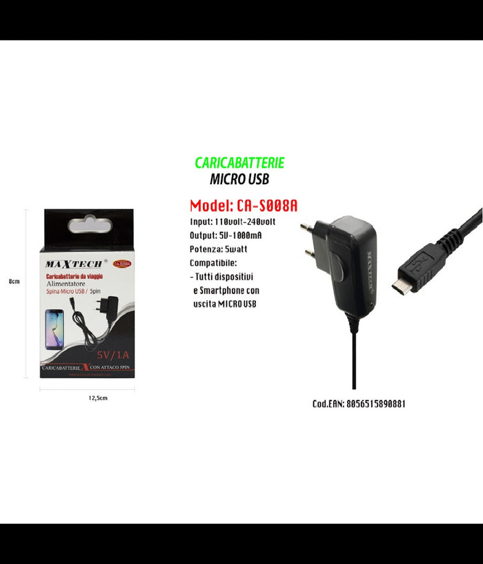 Caricabatterie Micro Usb Da Viaggio Spina 5pin 5v-1000ma 5watt Maxtech Ca-s008a         