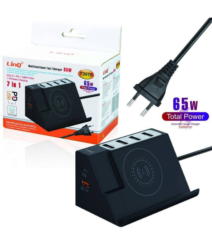 Caricabatterie Multifunzione 7 In 1 65w Ricarica 4 Usb Wireless Qc 3.0 Pd T3070         