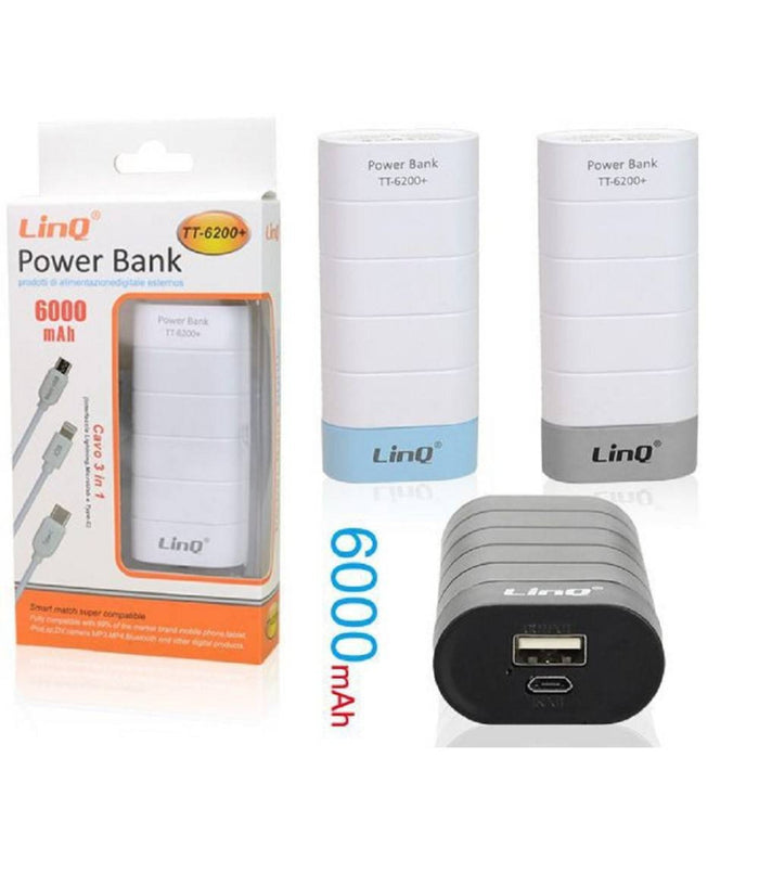 Caricabatterie Portatile 6000 Mah Batteria Power Bank Usb Cavo 3 In 1 Tt-6200+         