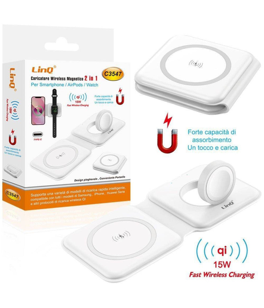 Caricabatterie Wireless Magnetico 15w 2in1 Qi Smartphone Airpods Smartwatch C3547         