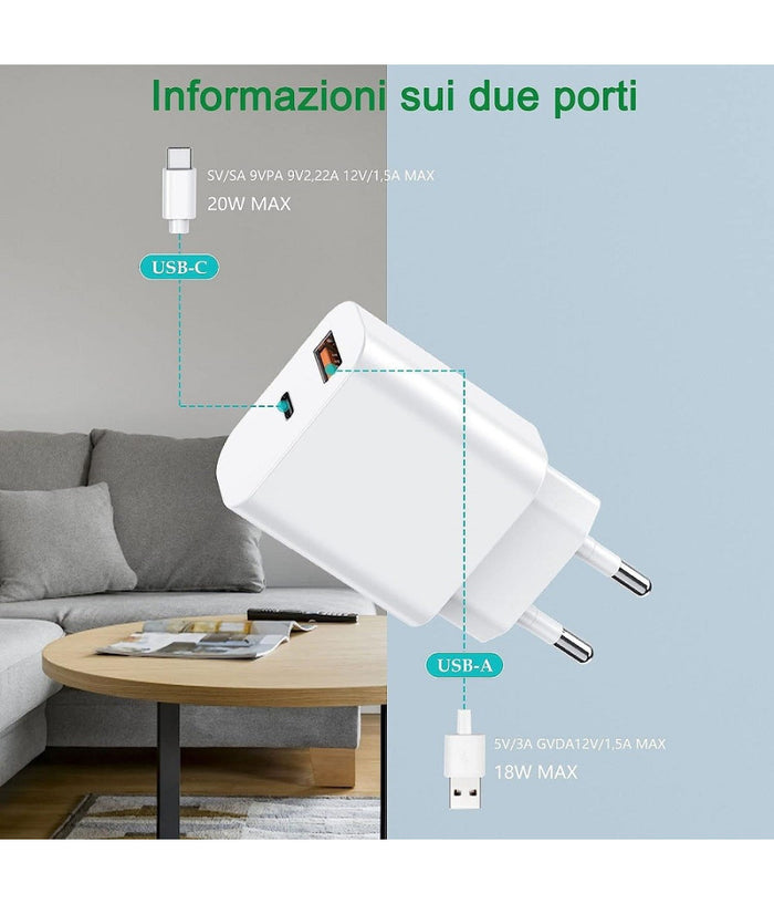 Caricatore 20w Usb A Usb C Pd 3.0 Per Iphone Xiaomi Huawei Samsung Caricabatteria         
