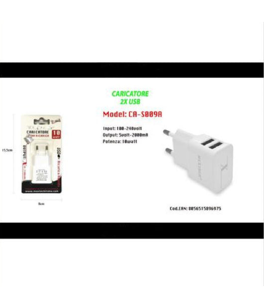 Caricatore 2x Usb Presa Ricarica Per Smartphone Cellulare Tablet 5v-2.1a S009a         