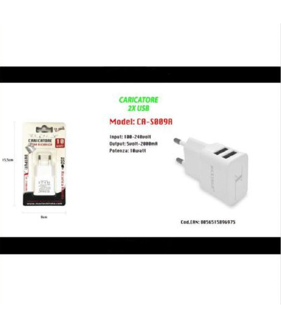 Caricatore 2x Usb Presa Ricarica Per Smartphone Cellulare Tablet 5v-2.1a S009a         
