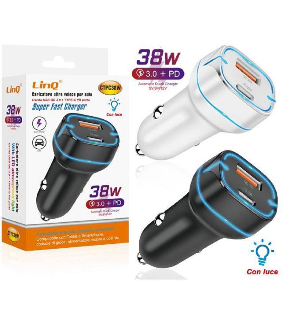 Caricatore Auto Led Qc Pd 38w Caricabatterie Type C Usb Accendisigari Rapido Ctpc38w         